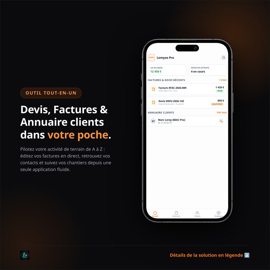 Exemple d'application Lemyos pour le BTP : devis, factures et annuaire clients